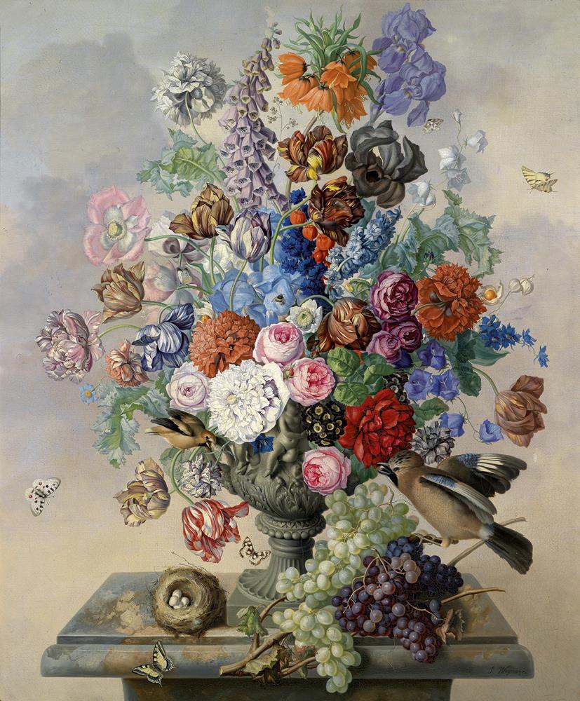 Натюрморт с цветами, виноградом, птицей и бабочками